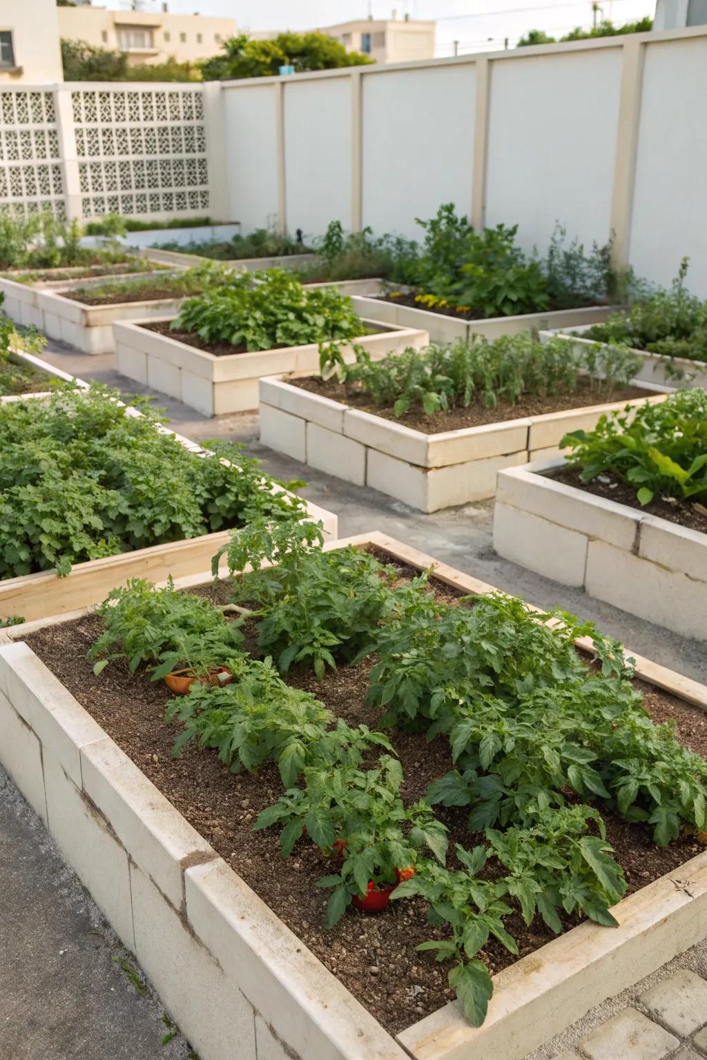 Geometric layouts offer an organized approach to raised bed gardening.