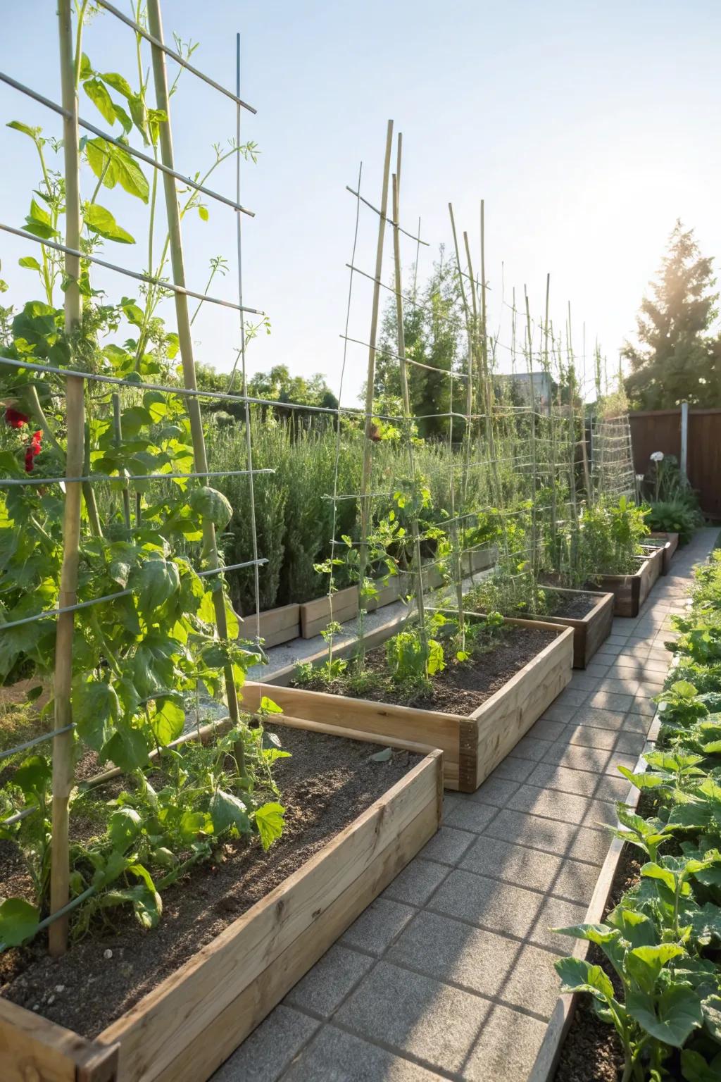 Raised garden beds with vertical trellises supporting climbing vegetables.