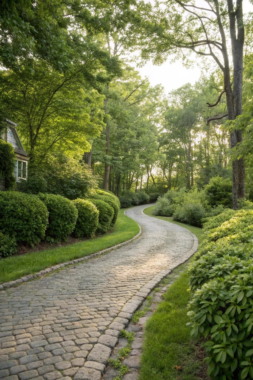 A winding stone path that elegantly weaves through lush landscapes.