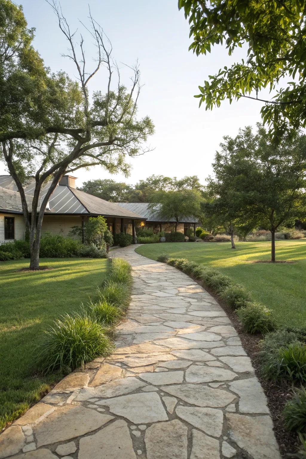 Charming stone pathways add both beauty and function.