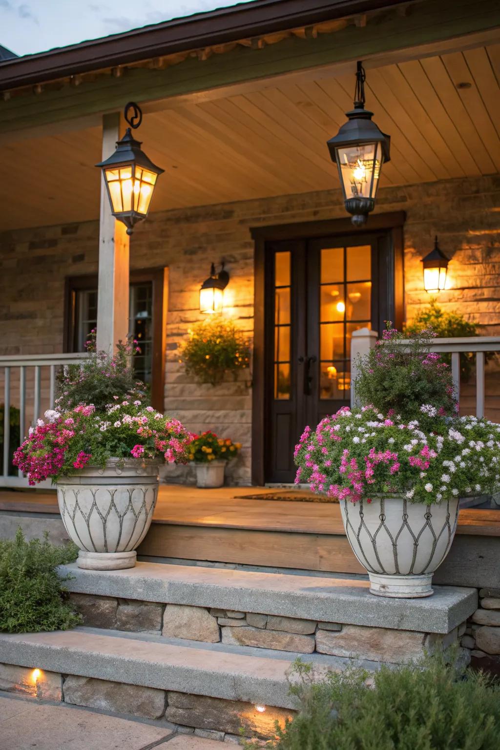 Symmetrical design with planters and lanterns on a ranch porch.
