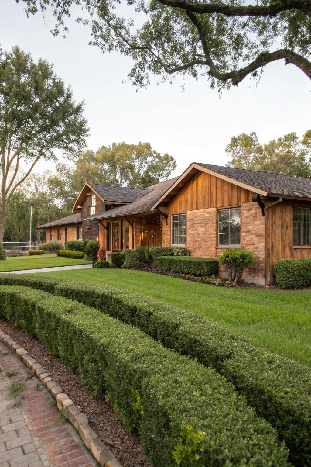 The blend of brick and wood siding adds texture and depth.