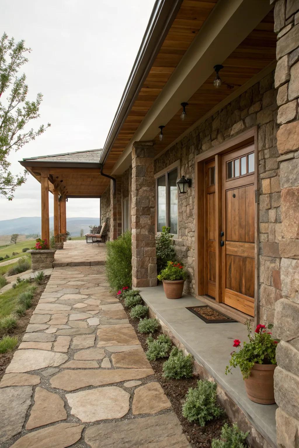Stone columns and pathways add a rugged charm to this ranch-style porch.