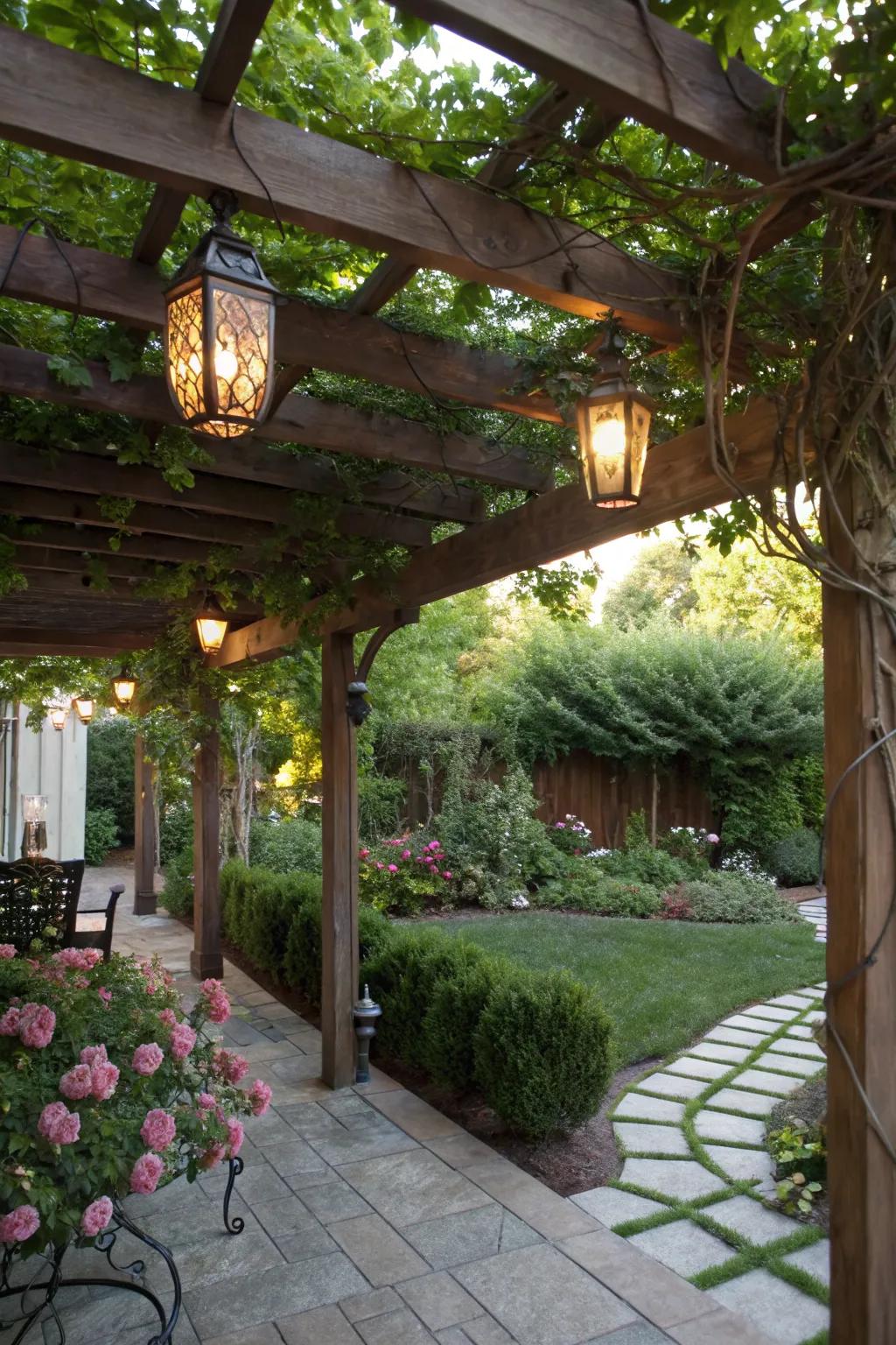 A pergola offers shade and style to this cozy patio.