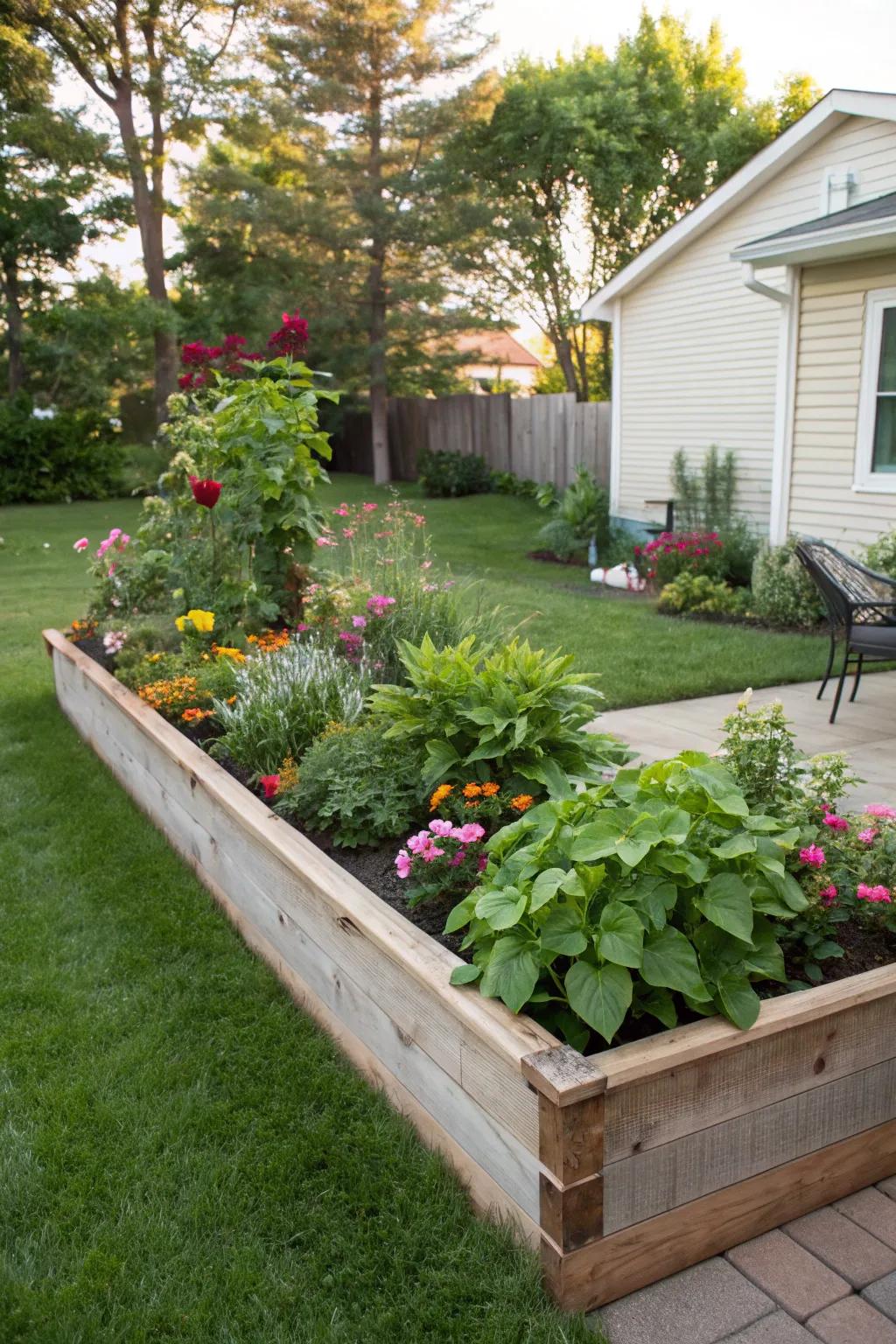 A raised rectangular flower bed, adding drama and height to the garden landscape.