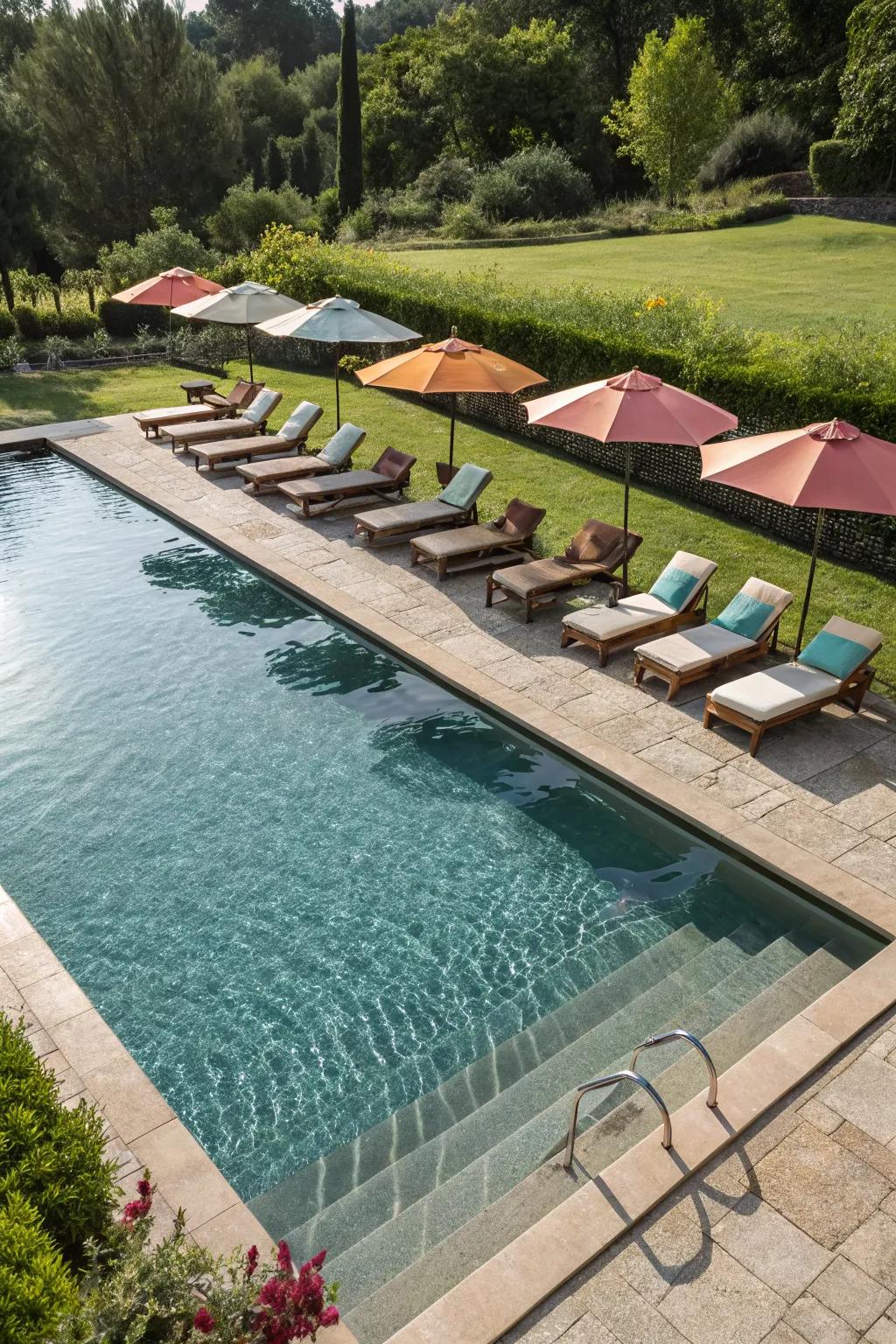 A rectangular pool with comfortable poolside loungers and umbrellas