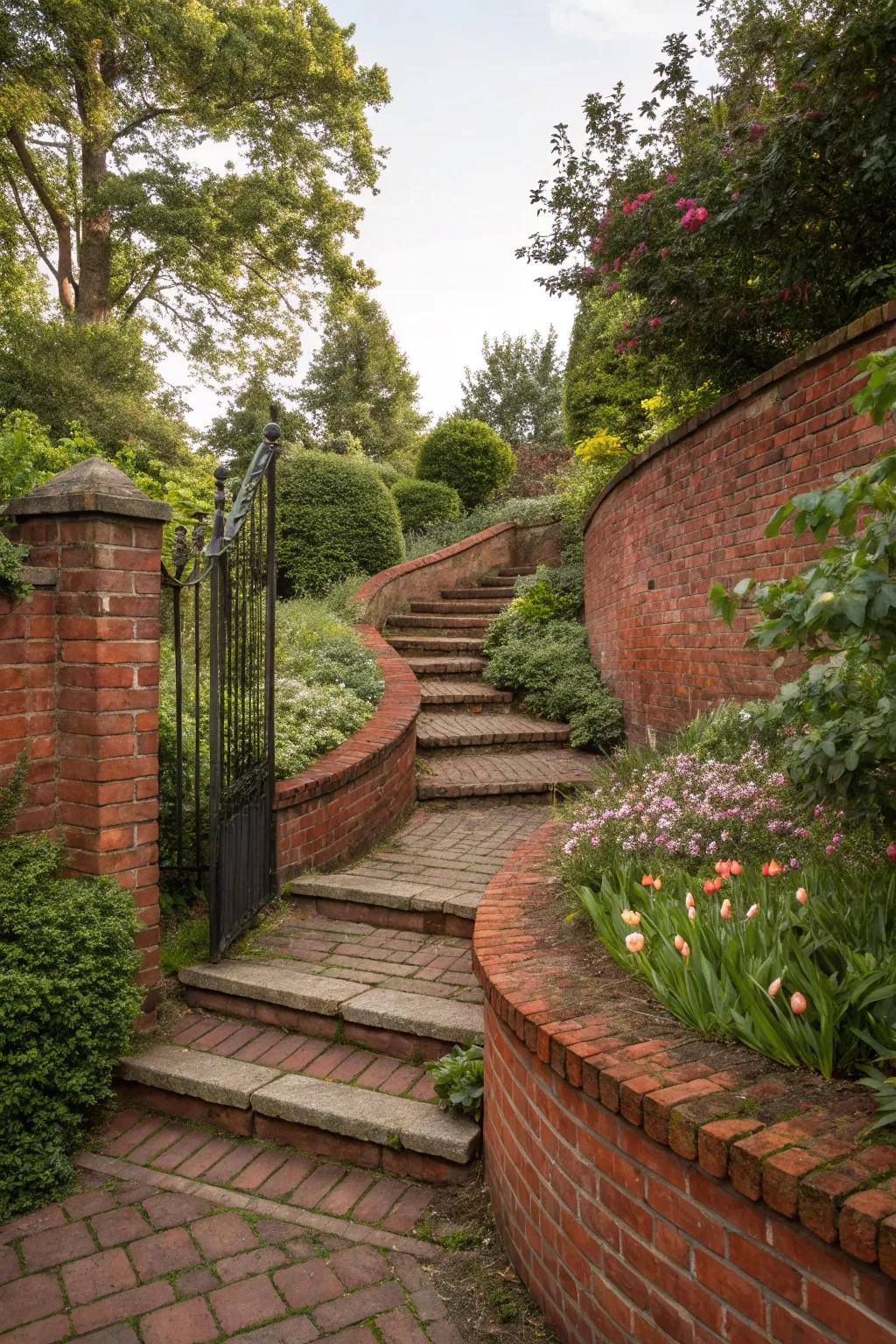 Inviting pathway with steps in a red brick retaining wall.