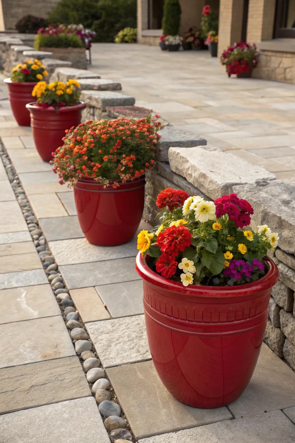 Red planters adding a pop of color amongst vibrant blooms.
