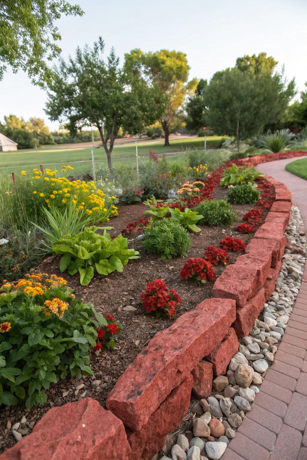 Red rock borders add structure and charm to garden beds.