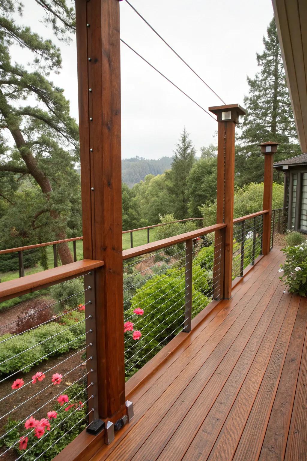 Unobstructed views with a cable and redwood railing fusion.