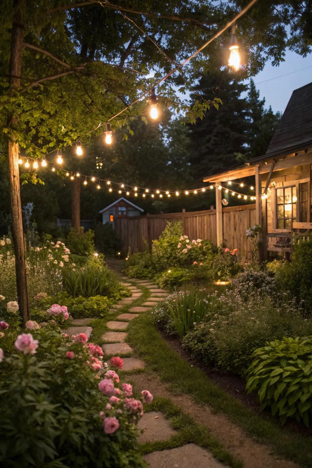 Soft lighting creates a magical evening garden ambiance.