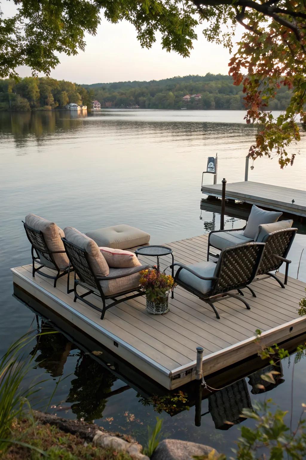 A cozy seating area on a residential lake dock, perfect for relaxation.