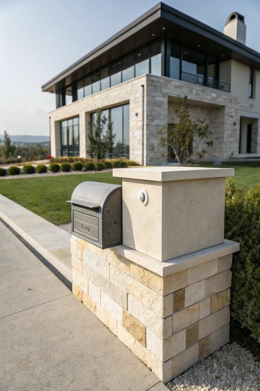A contemporary stone mailbox complements a modern home.