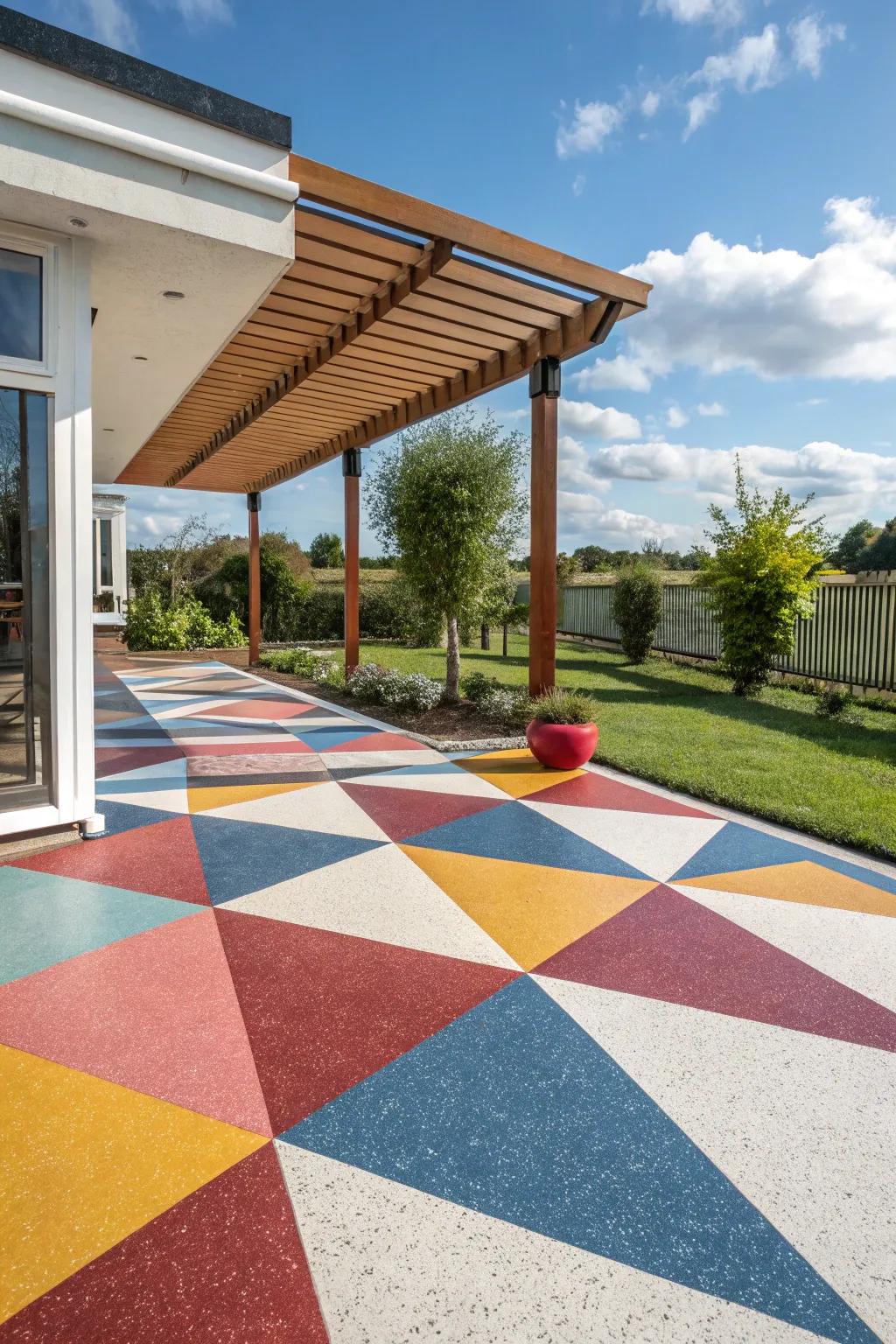 A vibrant resin patio with eye-catching geometric patterns.