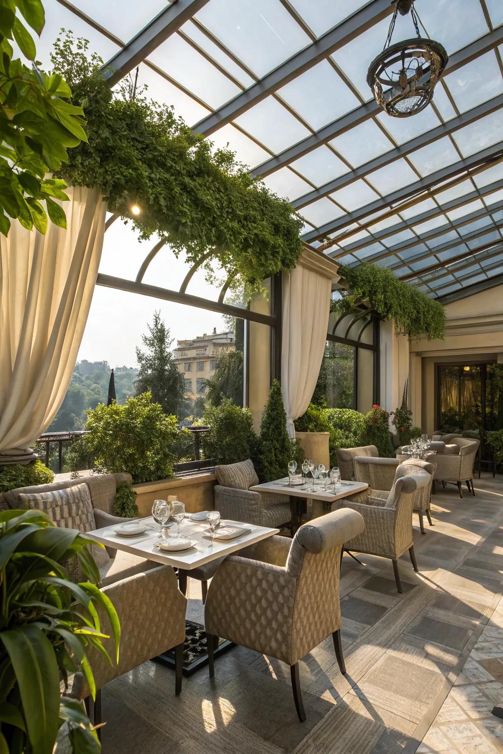 A sunlit patio with a transparent glass cover.