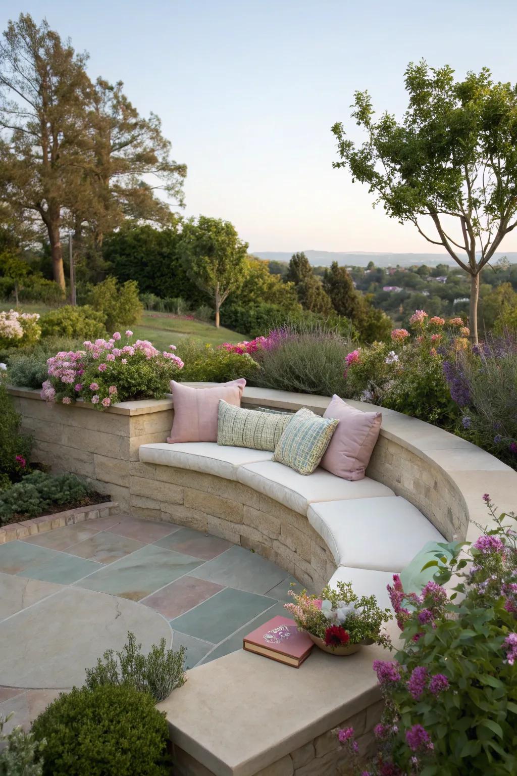 Curved benches invite relaxation and conversation.