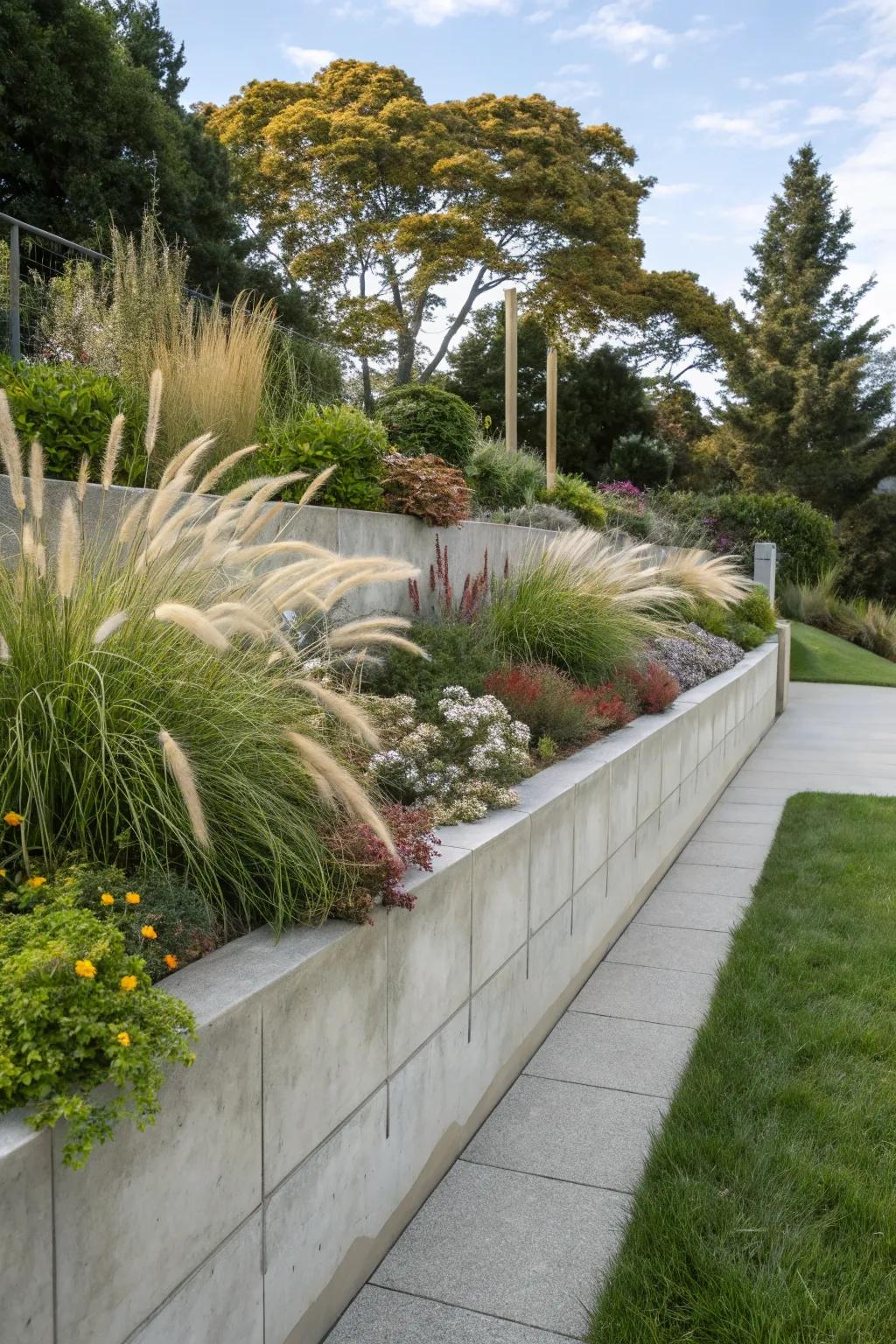 Add contemporary elegance with sleek concrete retaining walls.