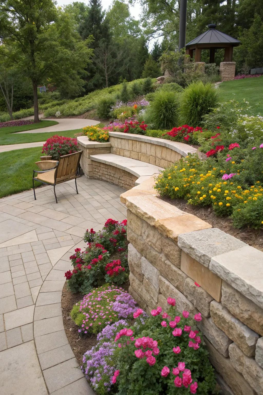 A retaining wall with built-in seating, offering a stylish place to relax.