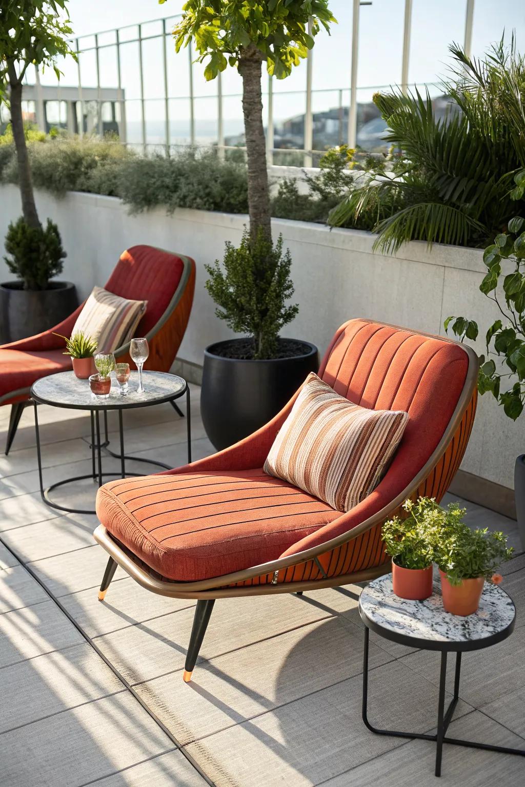 Stylish mid-century modern loungers for sunlit relaxation.
