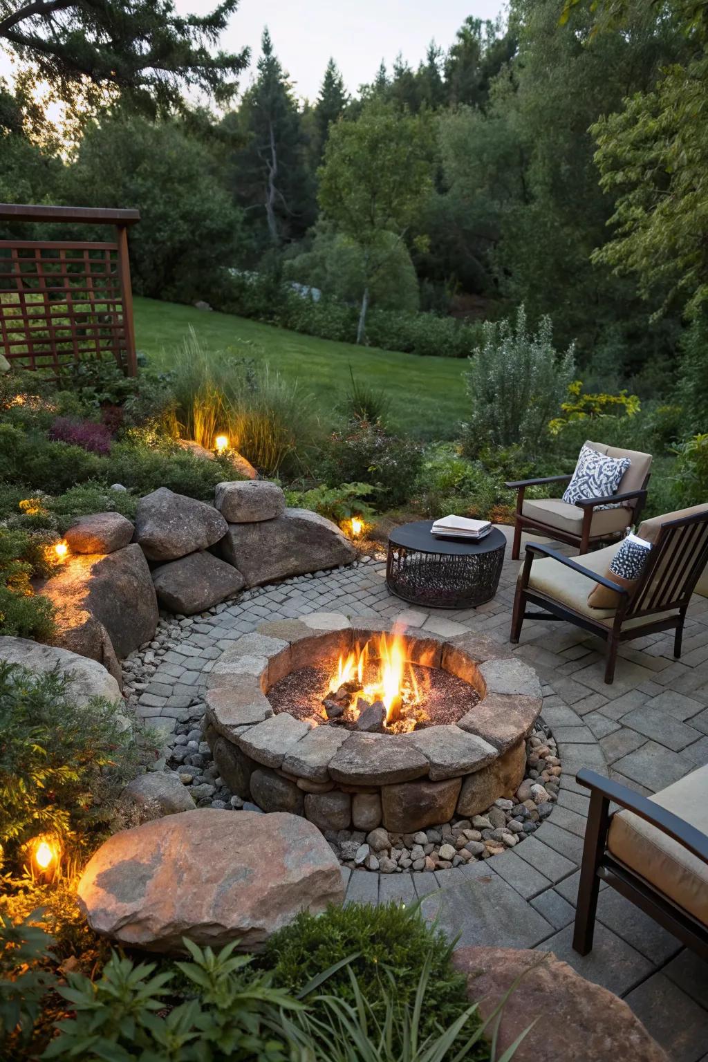 A charming fire pit made from riprap stones, perfect for outdoor evenings.