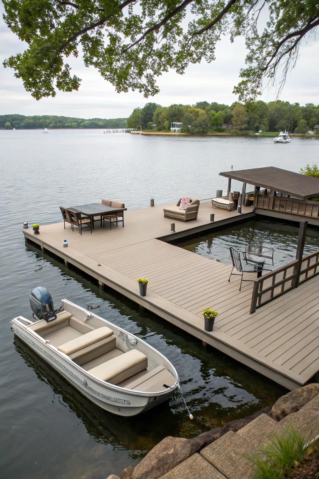 An L-shaped dock offering distinct spaces for relaxation and boating.
