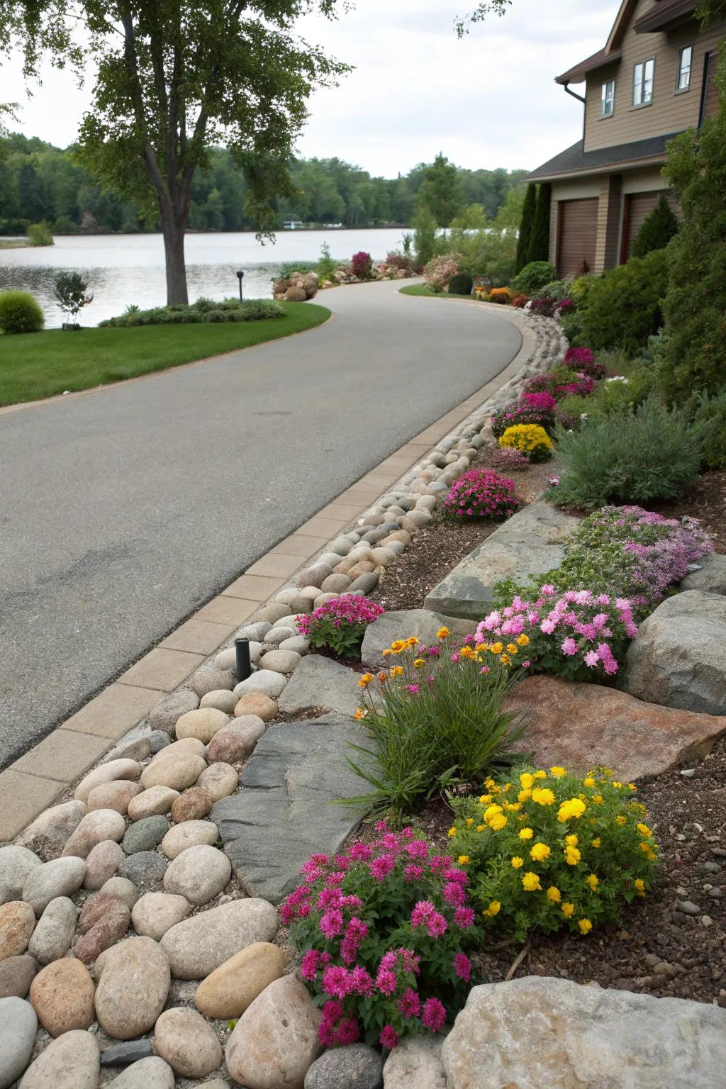 River rock borders accented with colorful flowers for a lively look.