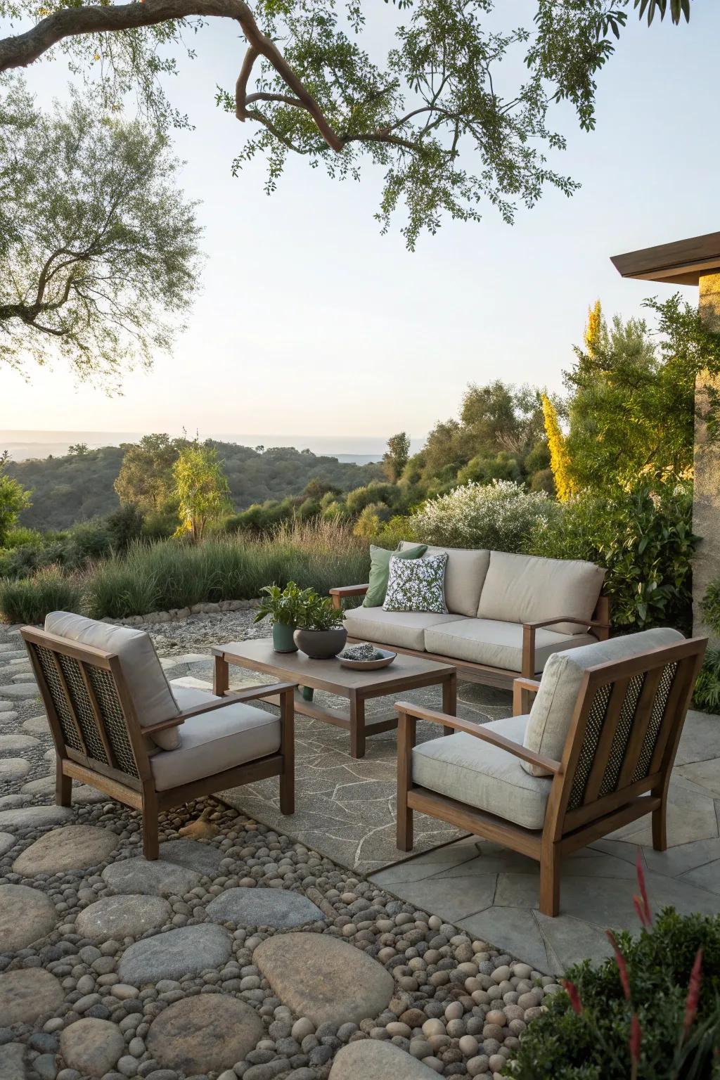 An outdoor seating area on river rocks adds a rustic touch to your patio.