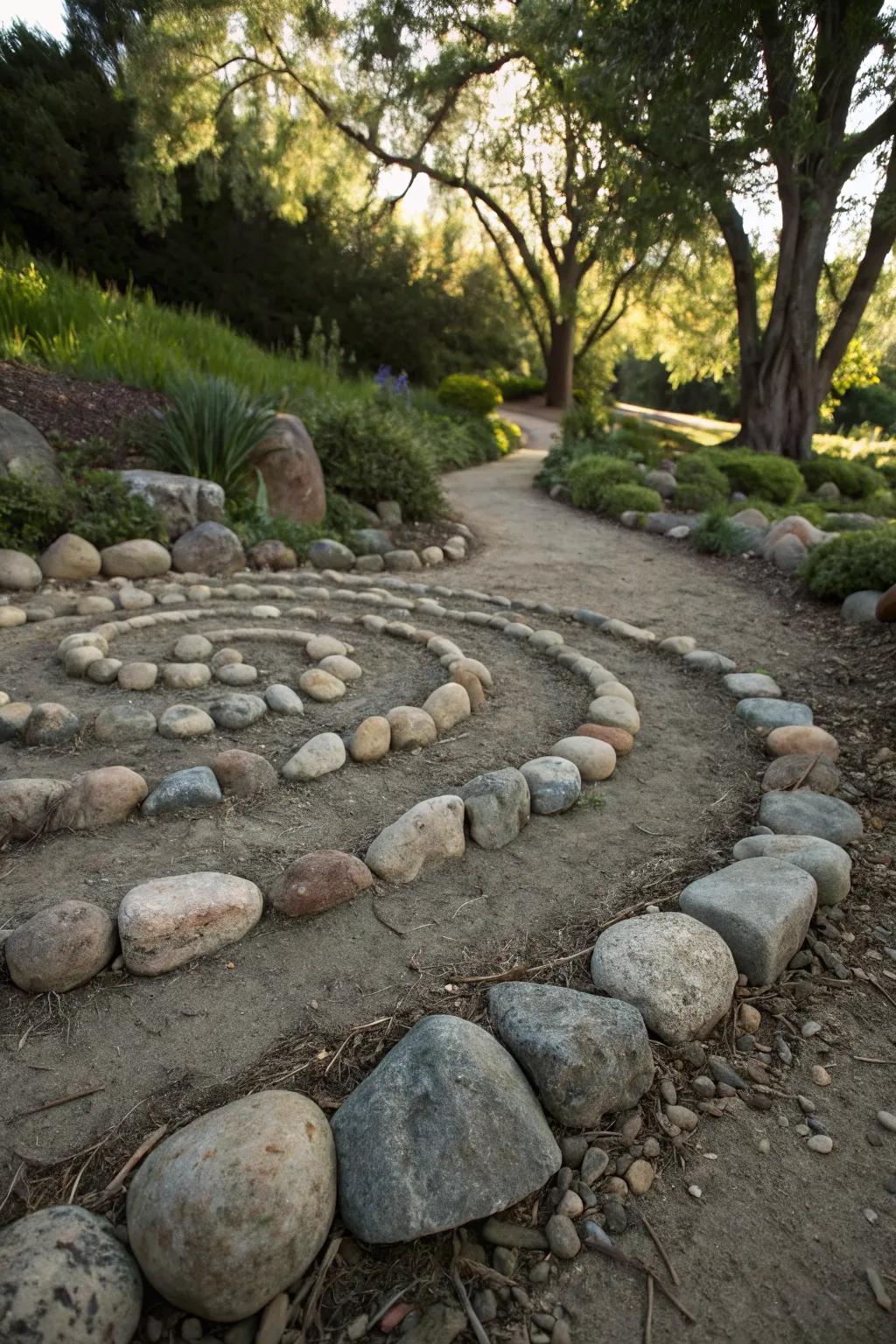 An intricate spiral pattern in a river rock walkway.
