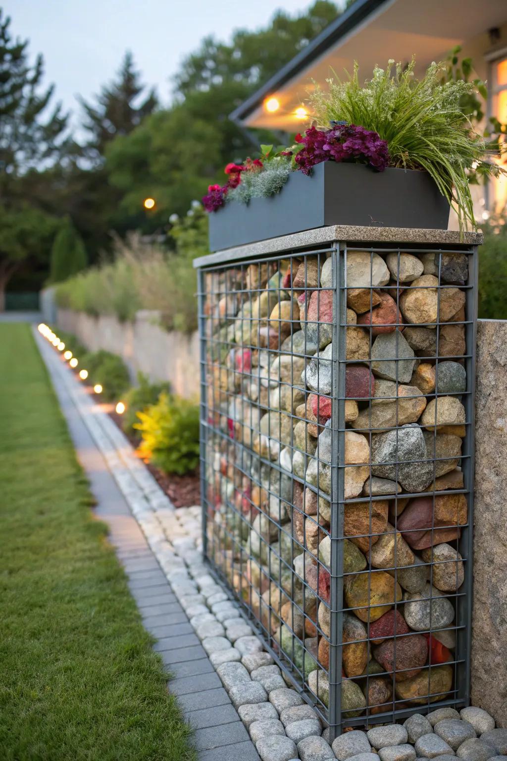 A vibrant gabion wall filled with colorful rocks, topped with greenery.