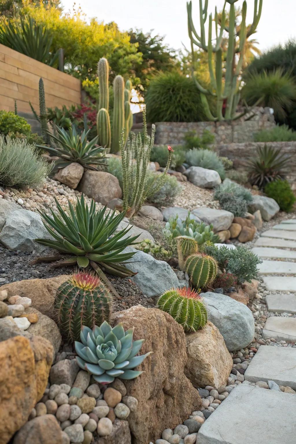 Succulents and cacti provide vibrant, low-maintenance color to rock gardens.