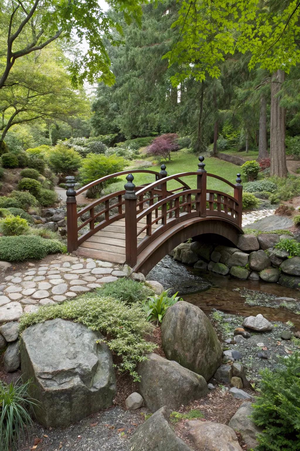 A charming bridge spans a rock bed, inviting tranquility and exploration.