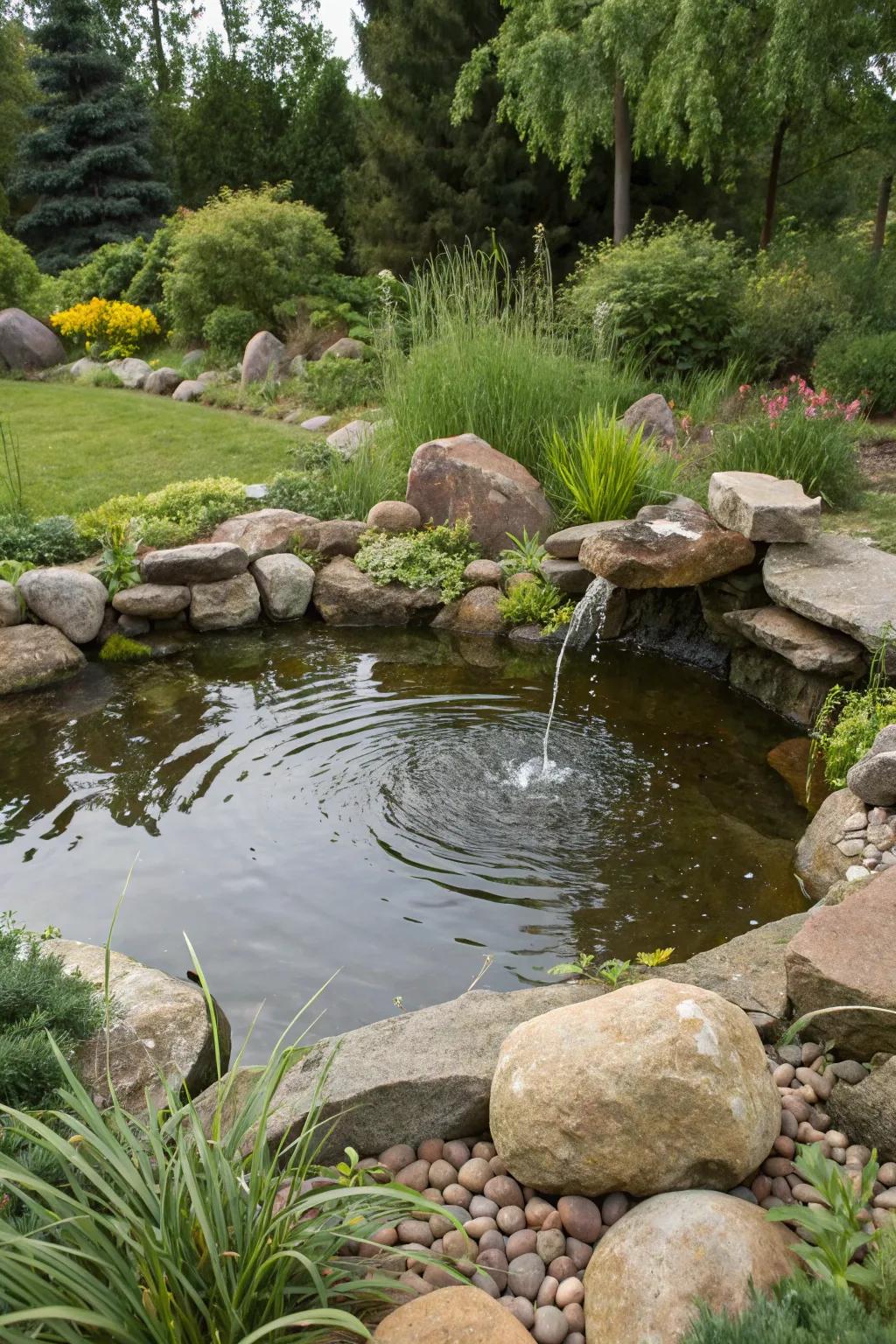 Rocks enhance the natural beauty of a garden pond.