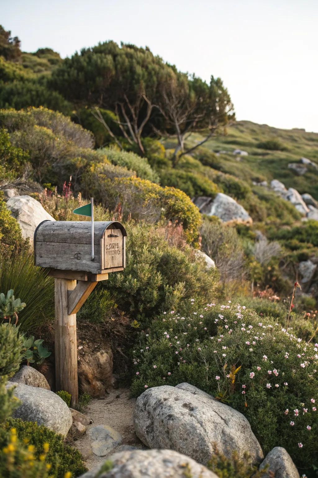A mailbox that seamlessly blends with nature, creating a harmonious outdoor aesthetic.