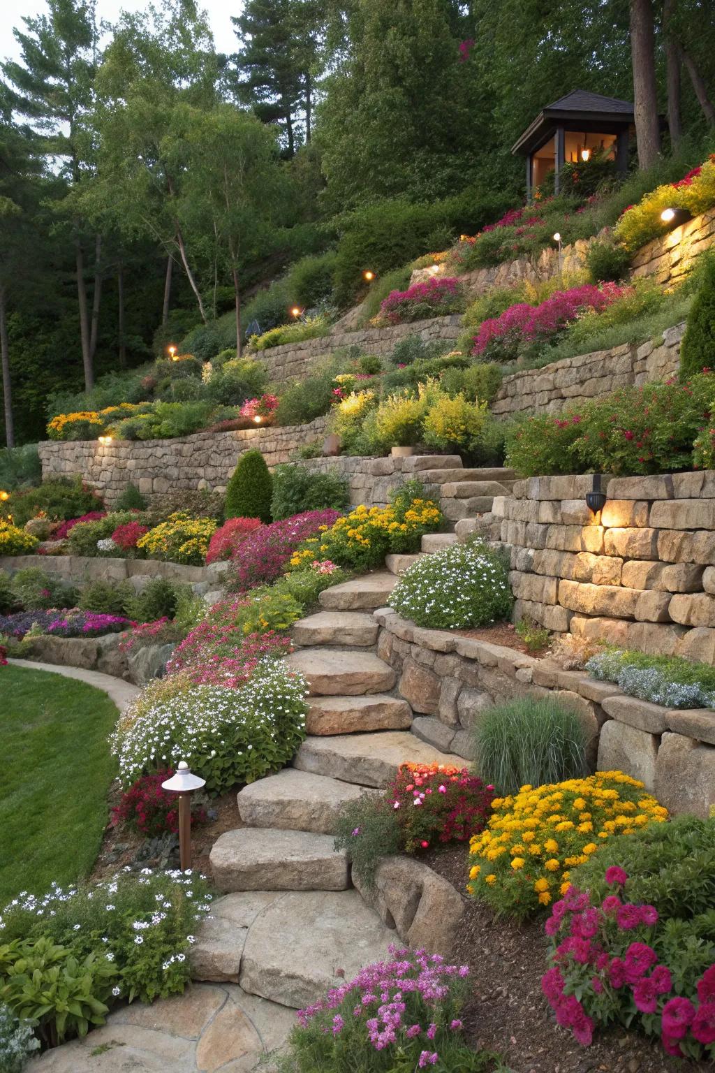 Terraced gardens add depth with rock wall tiers.