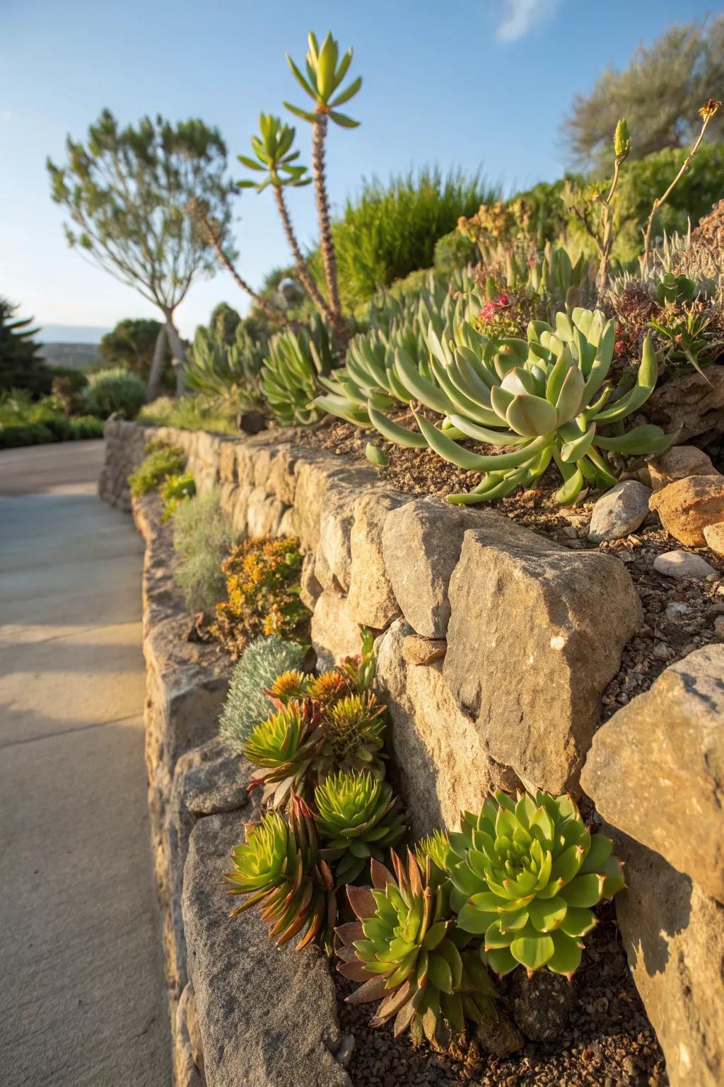 Succulents bring a low-maintenance touch to rock wall gardens.