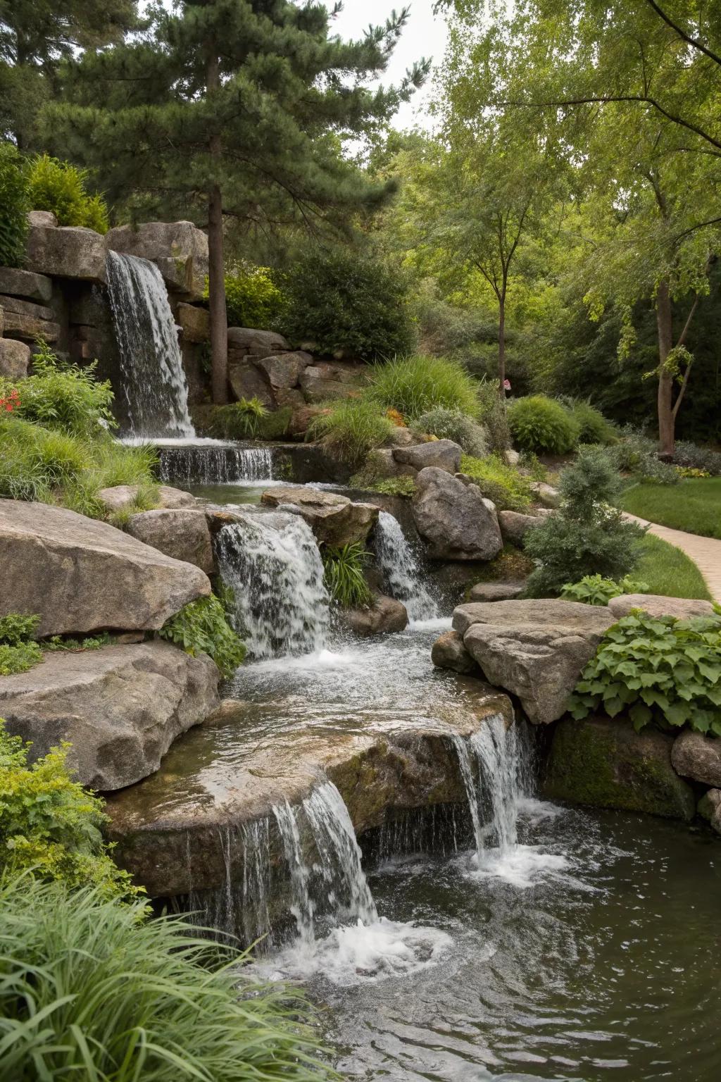 Layered rock structures bring depth and interest to your garden.
