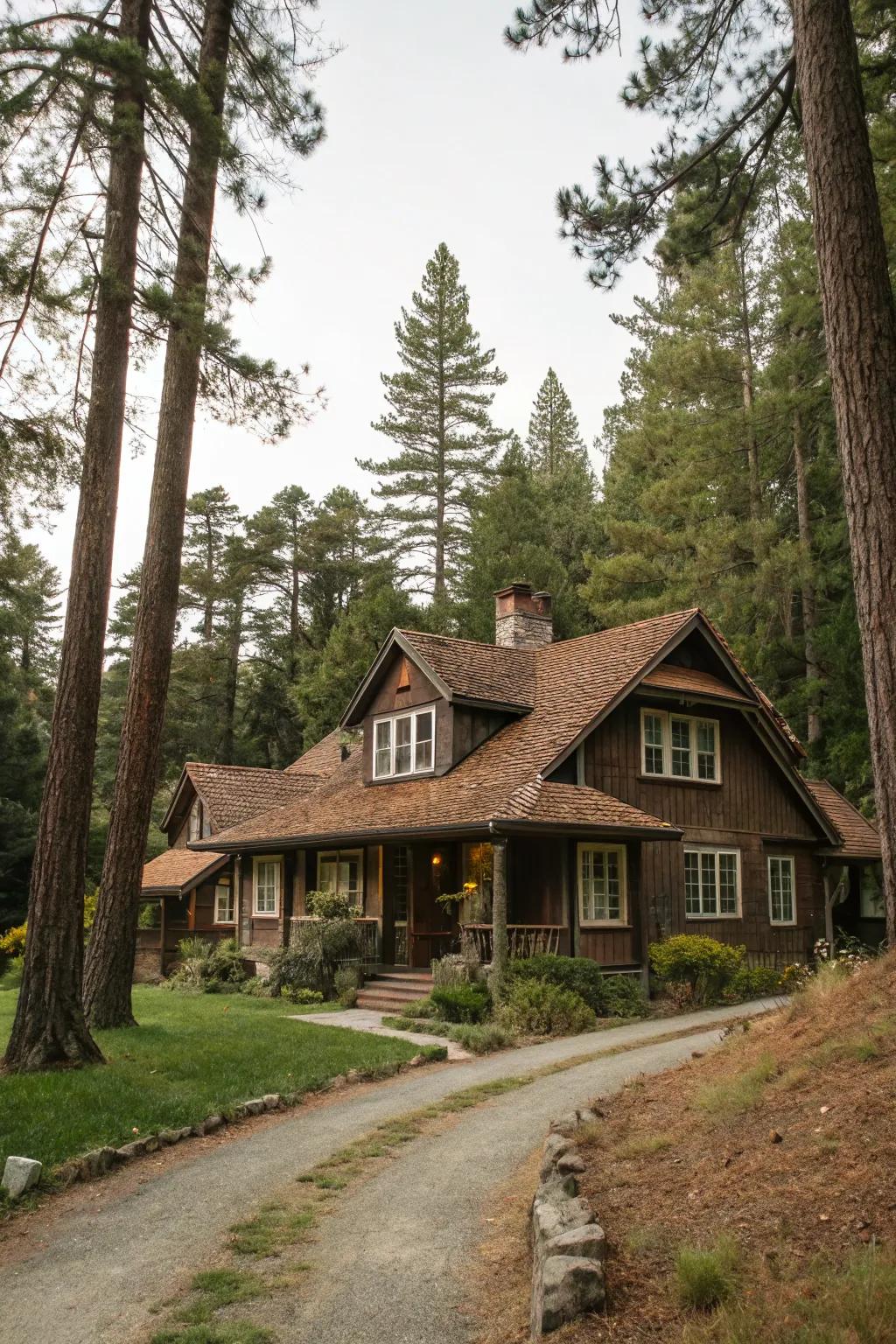 Earthy charm with a brown roof.