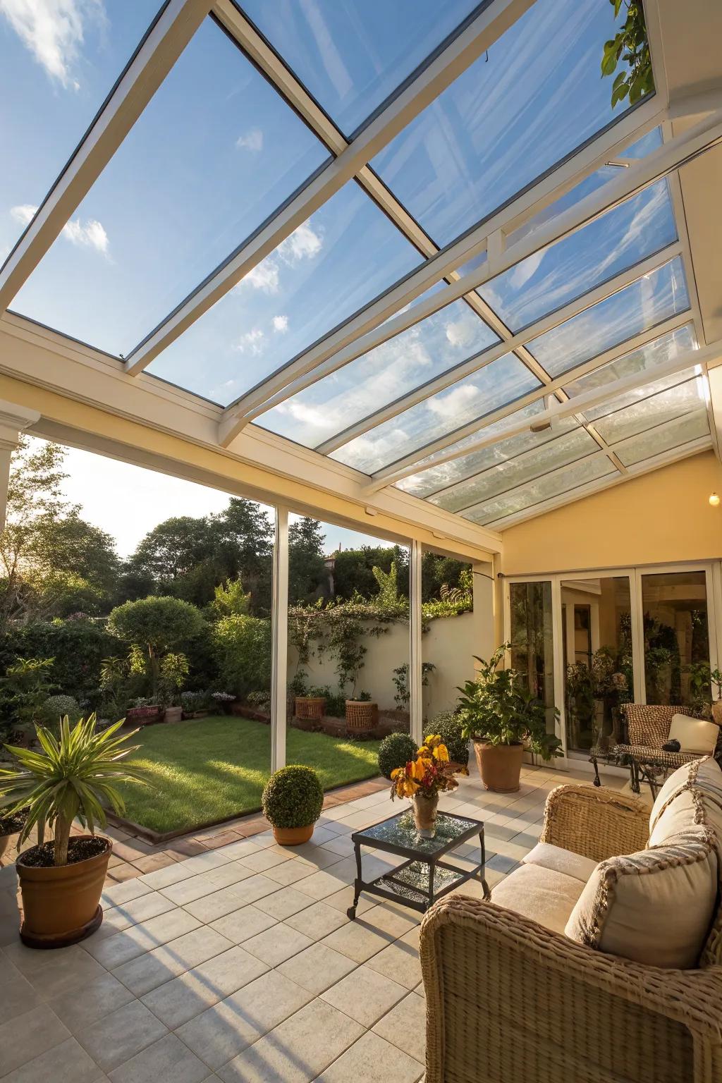 A transparent glass roof lets in natural light while keeping you dry.