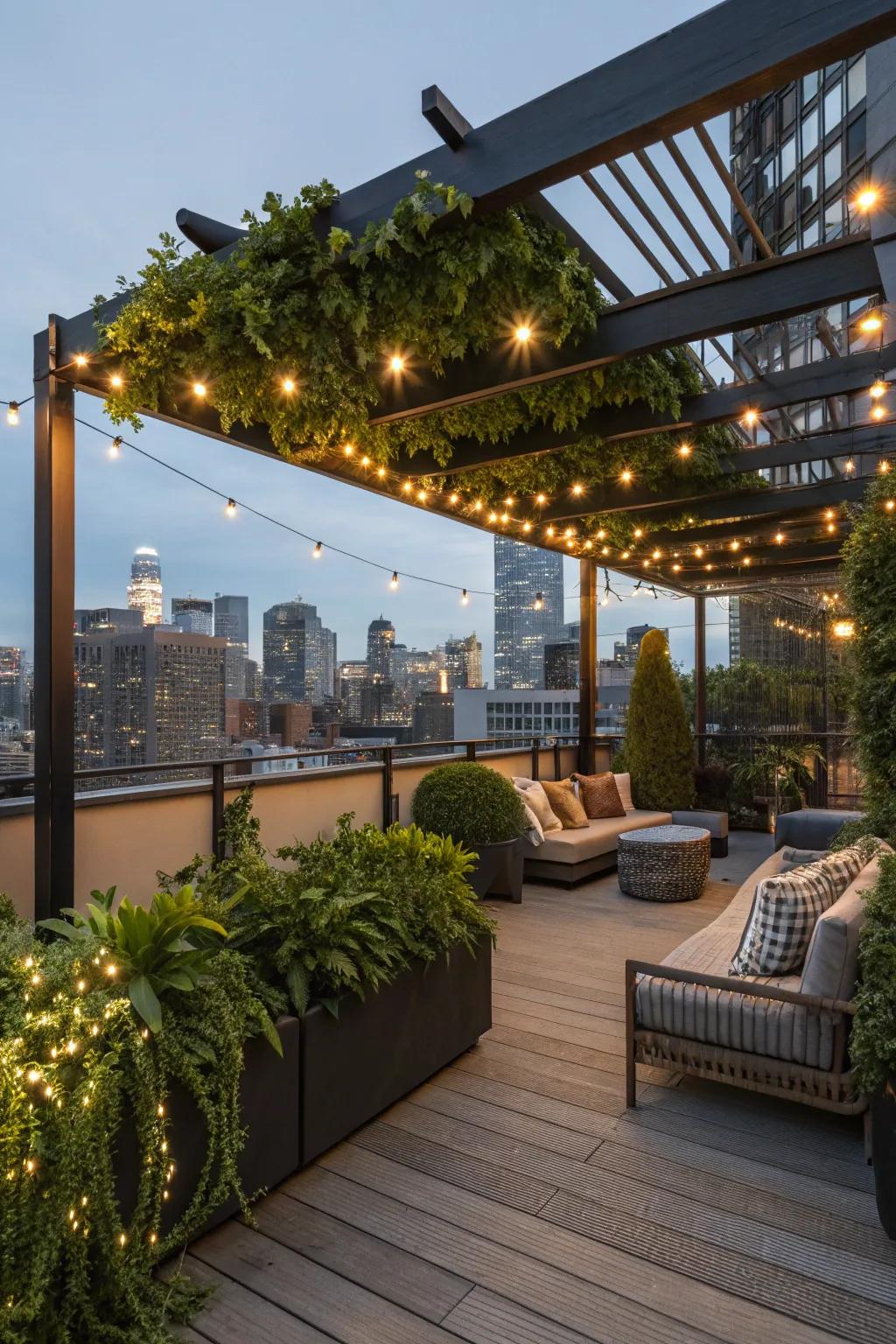 A chic pergola providing shade and style on a rooftop deck.