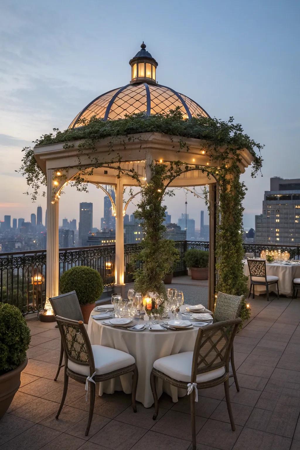 Dine under the stars with a sophisticated rooftop setup.