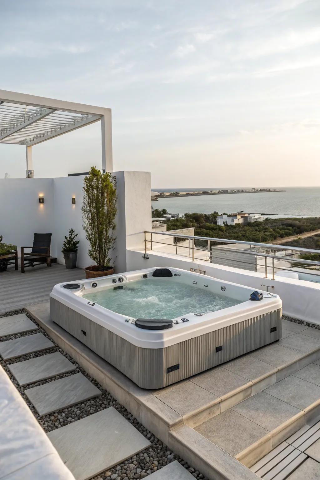 A minimalist rooftop jacuzzi that complements a modern urban setting.