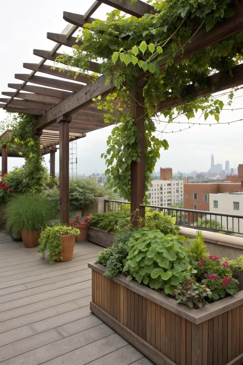 Bring nature to your rooftop with lush greenery and planters.