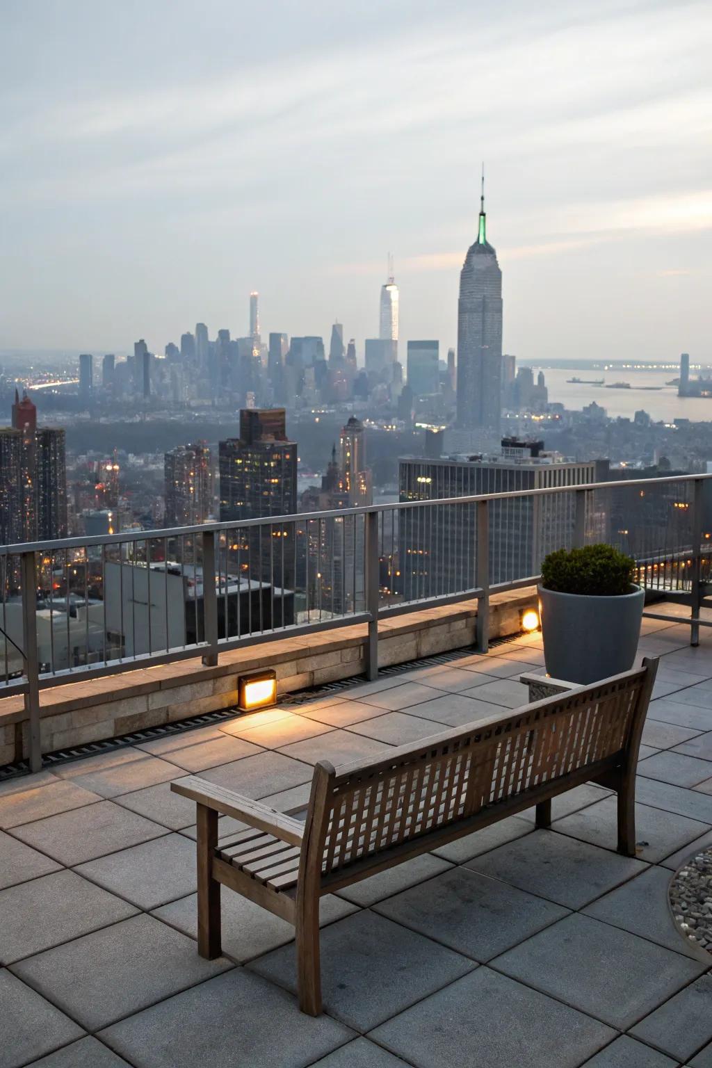 Enjoy breathtaking city views from this serene rooftop spot.