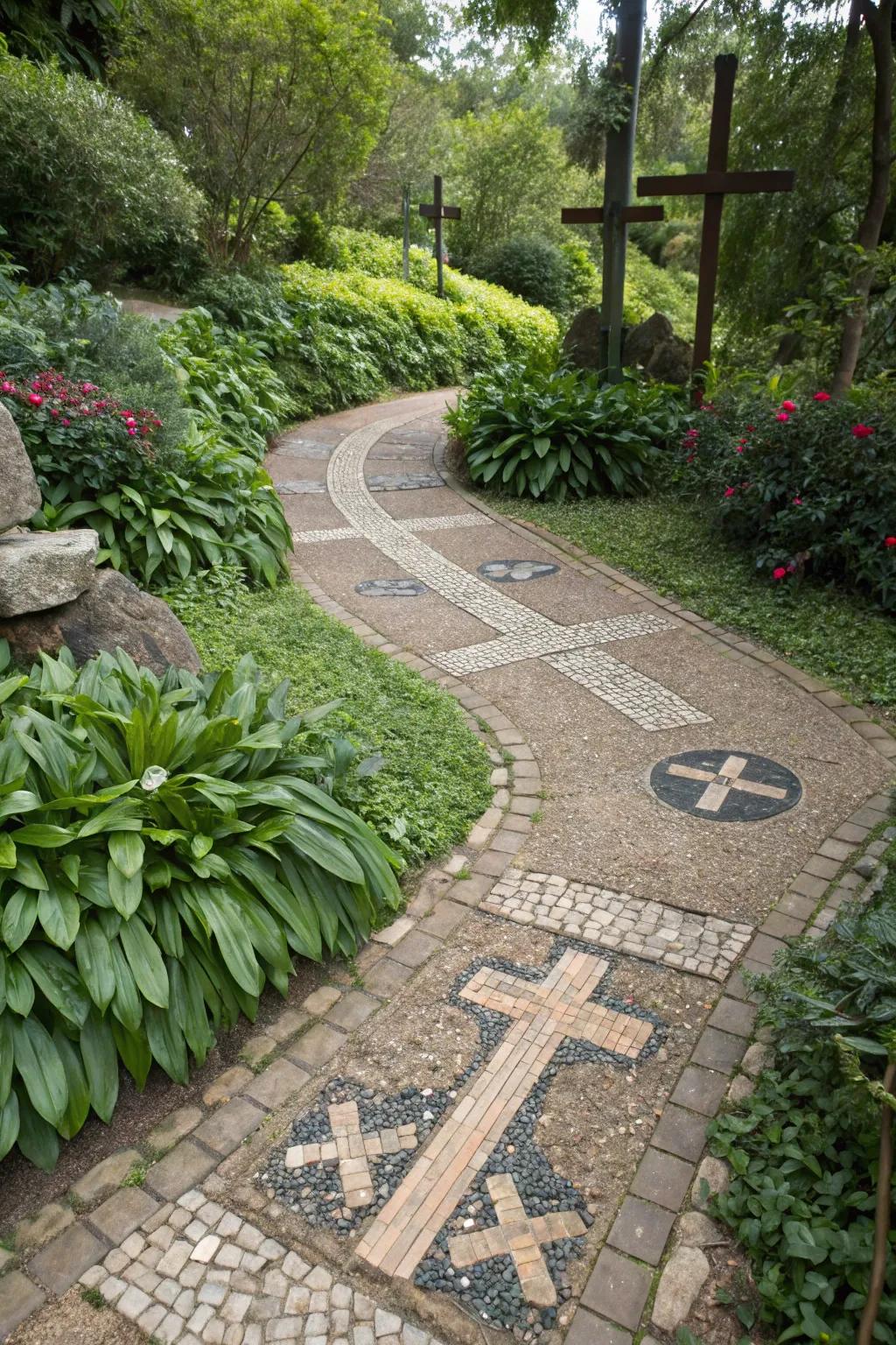 Cross-shaped garden paths blending faith with design.