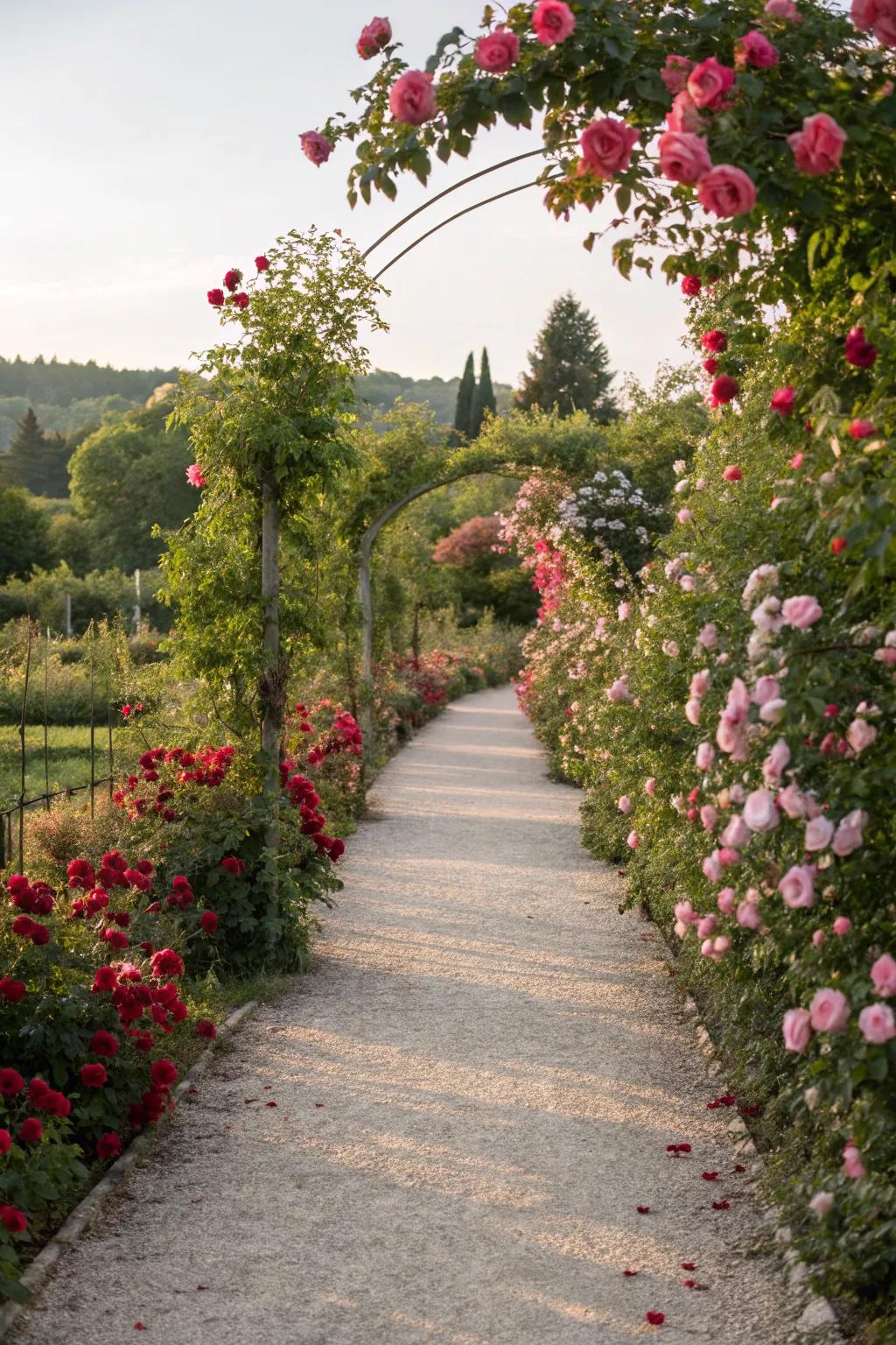 A picturesque pathway lined with roses invites exploration and enjoyment.