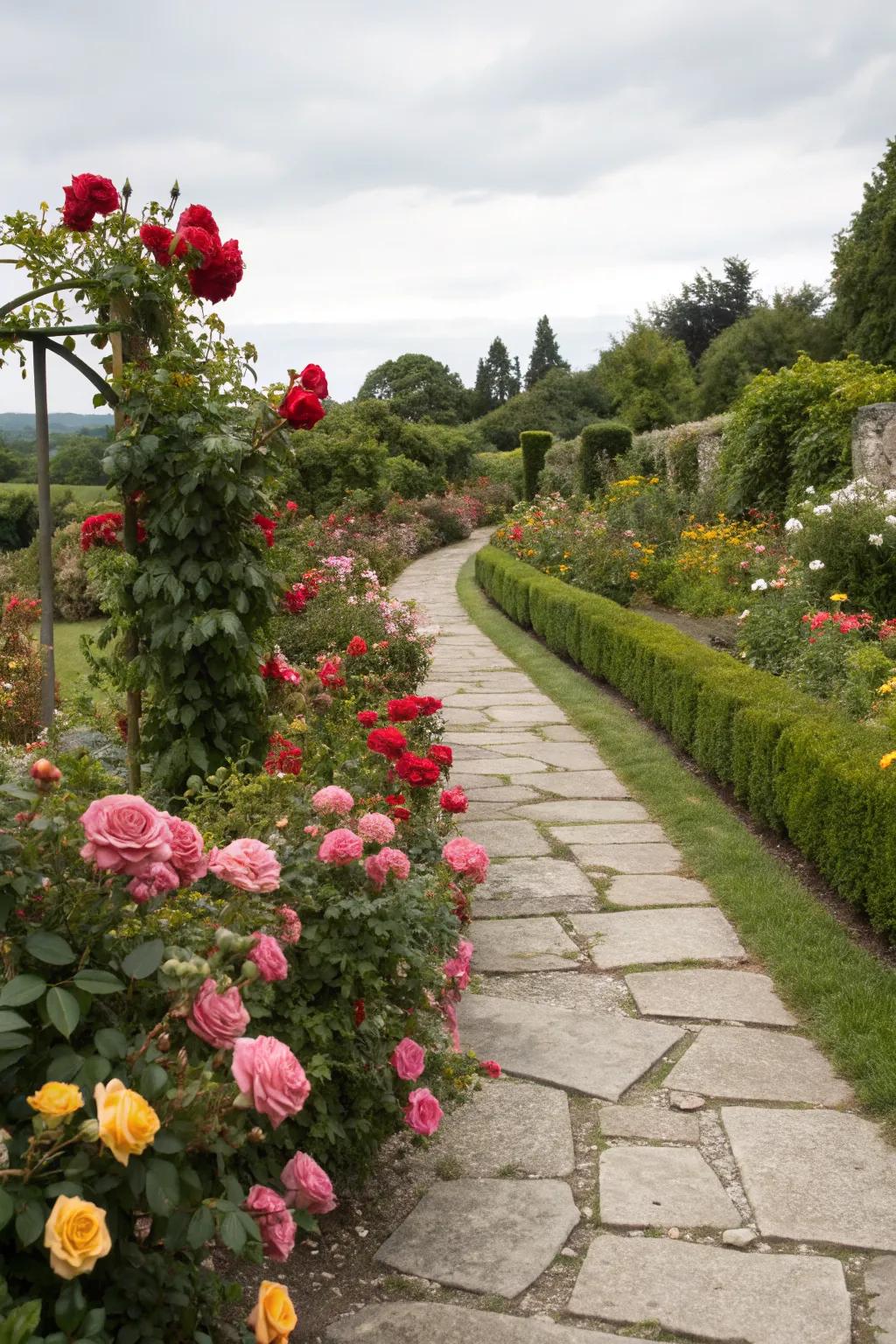 A picturesque garden path lined with blooming roses.
