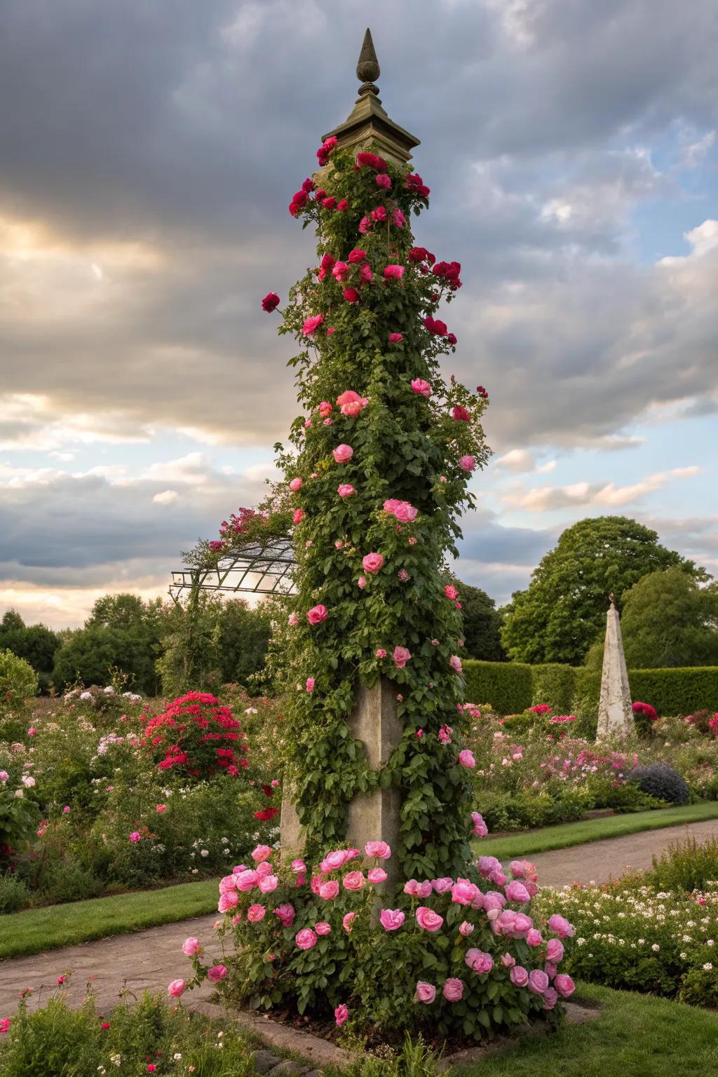 A majestic obelisk showcasing roses in full bloom.