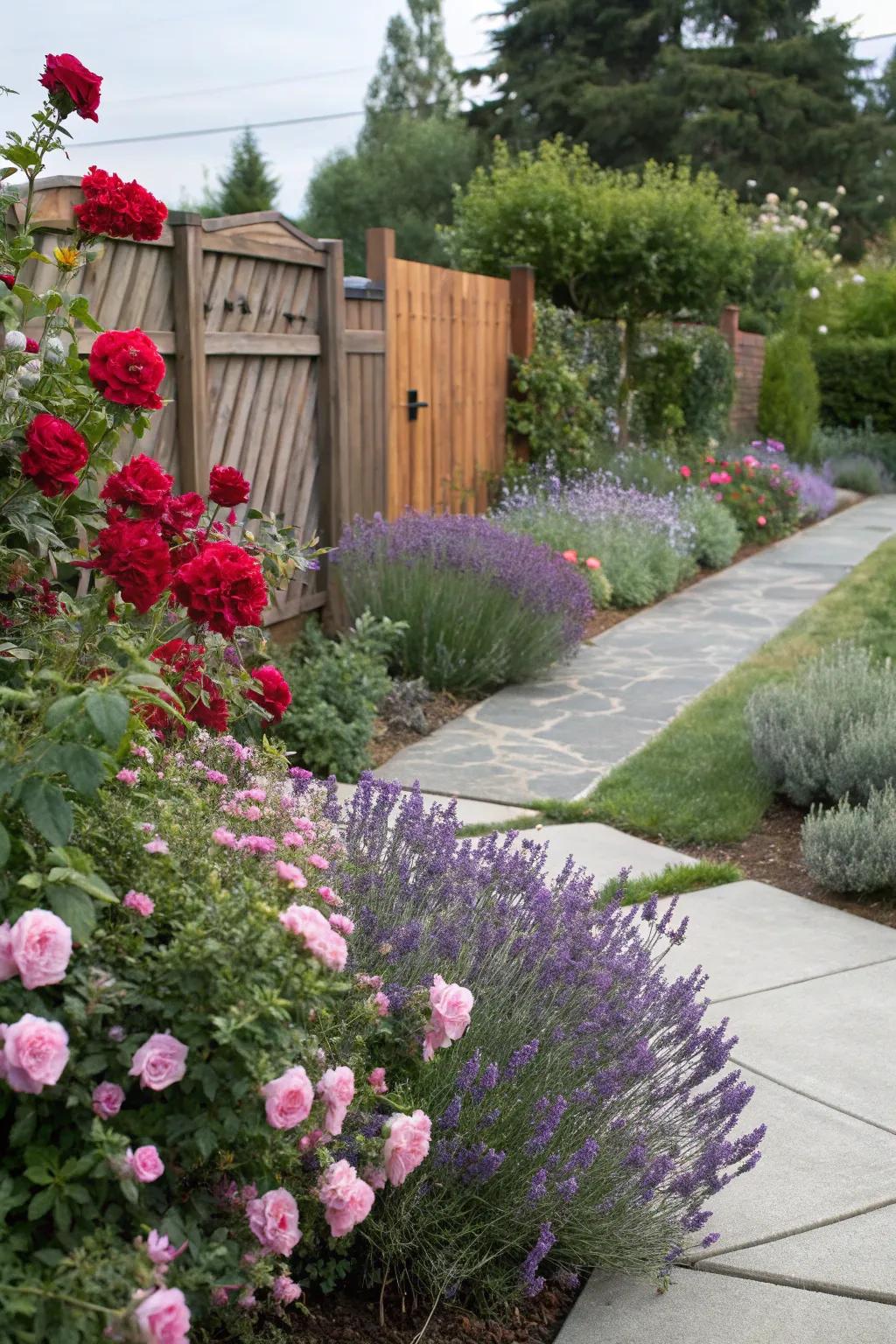 Roses and lavender create a harmonious and fragrant garden display.