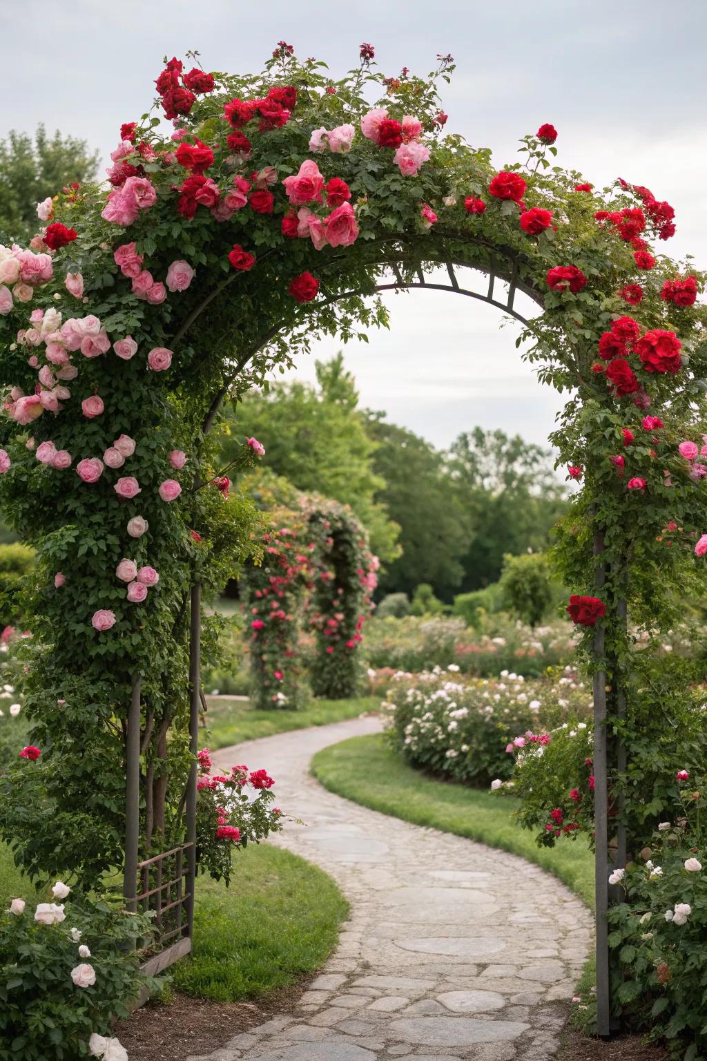An inviting garden archway adorned with climbing roses.