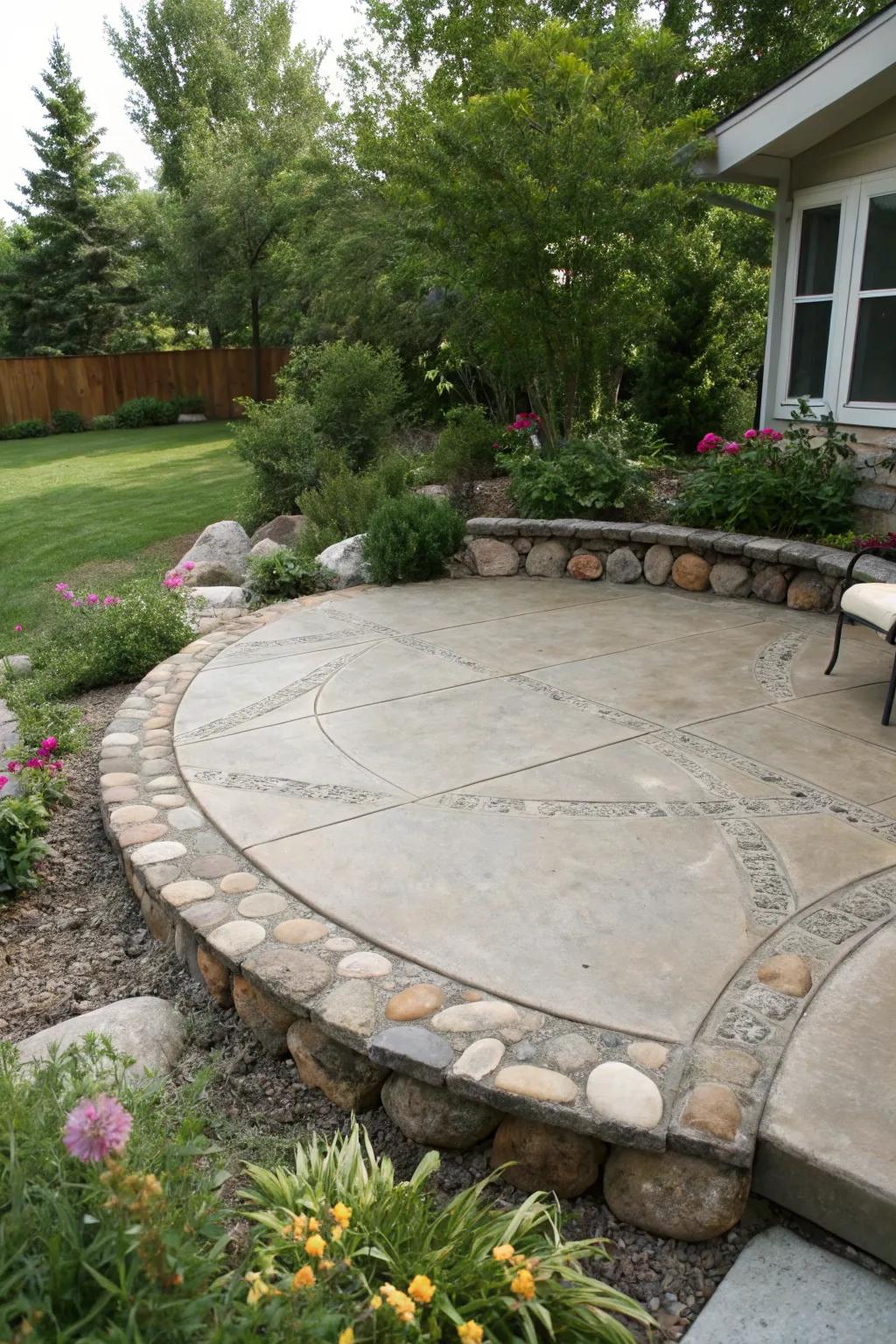 Decorative edging adds a touch of elegance to the patio design.